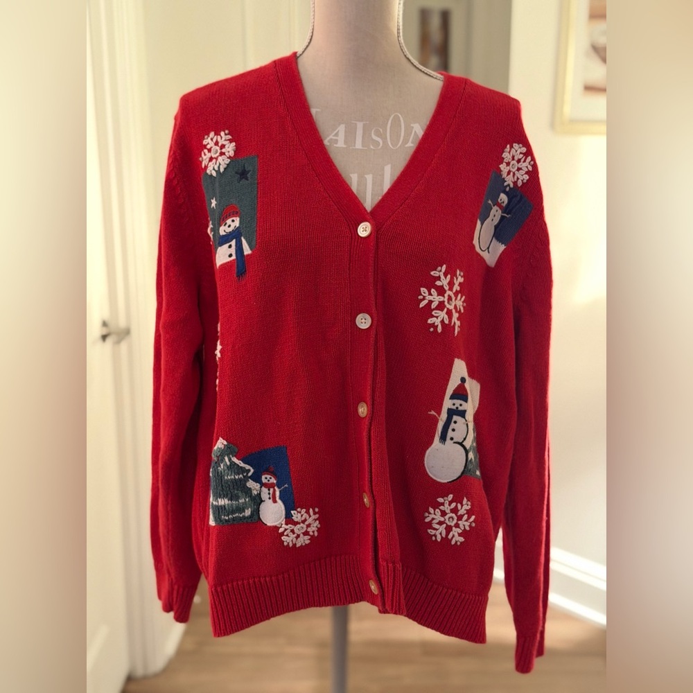Element Red Cardigan with Snowman and Snowflake Patterns